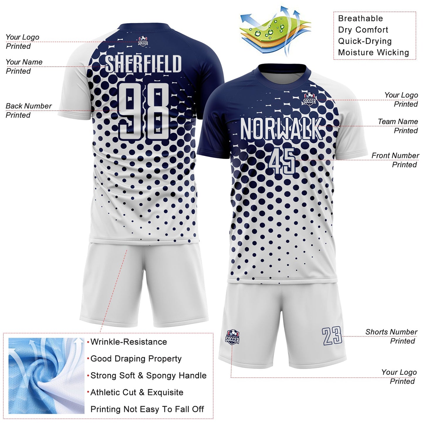 Custom White Navy Modern Polka Dot Sublimation Soccer Uniform Jersey view 4