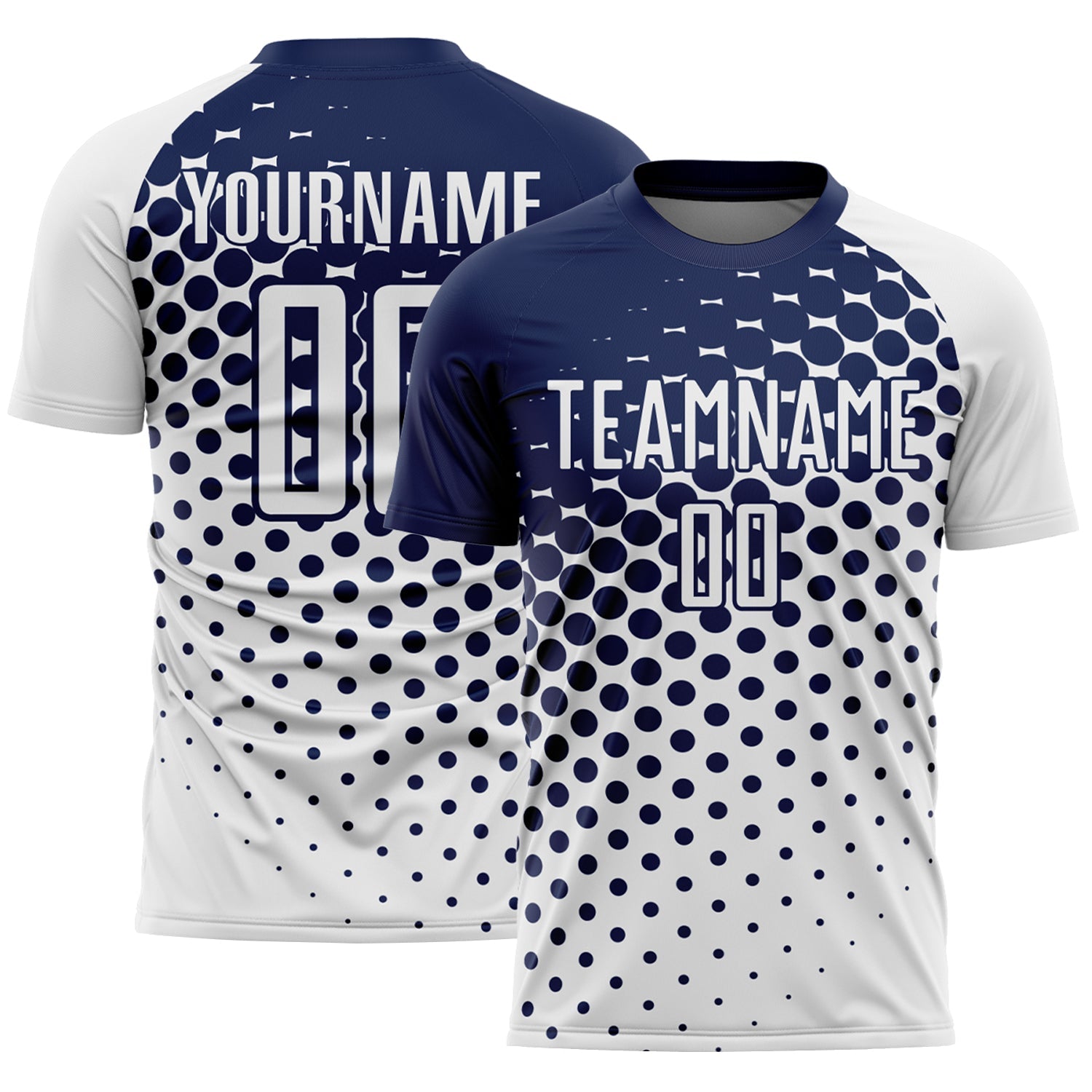 Custom White Navy Modern Polka Dot Sublimation Soccer Uniform Jersey - Main View
