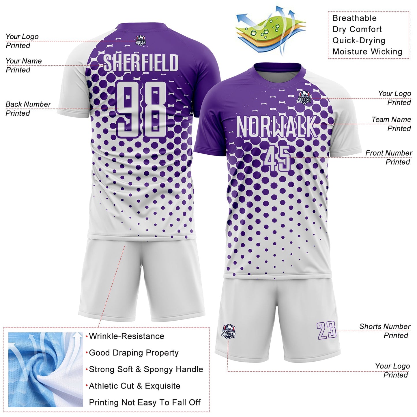 Custom White Purple Modern Polka Dot Sublimation Soccer Uniform Jersey view 4