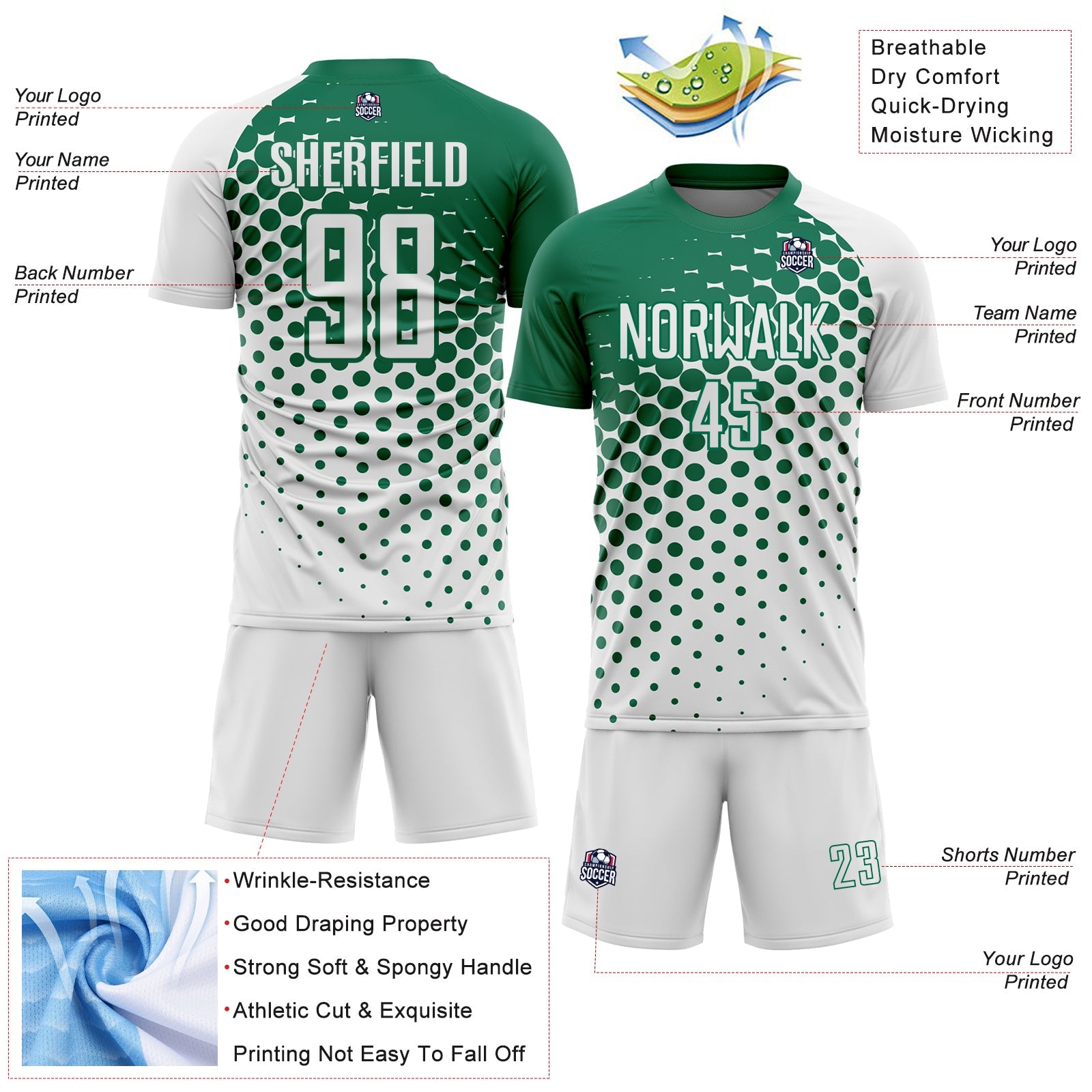Custom White Kelly Green Modern Polka Dot Sublimation Soccer Uniform Jersey view 4