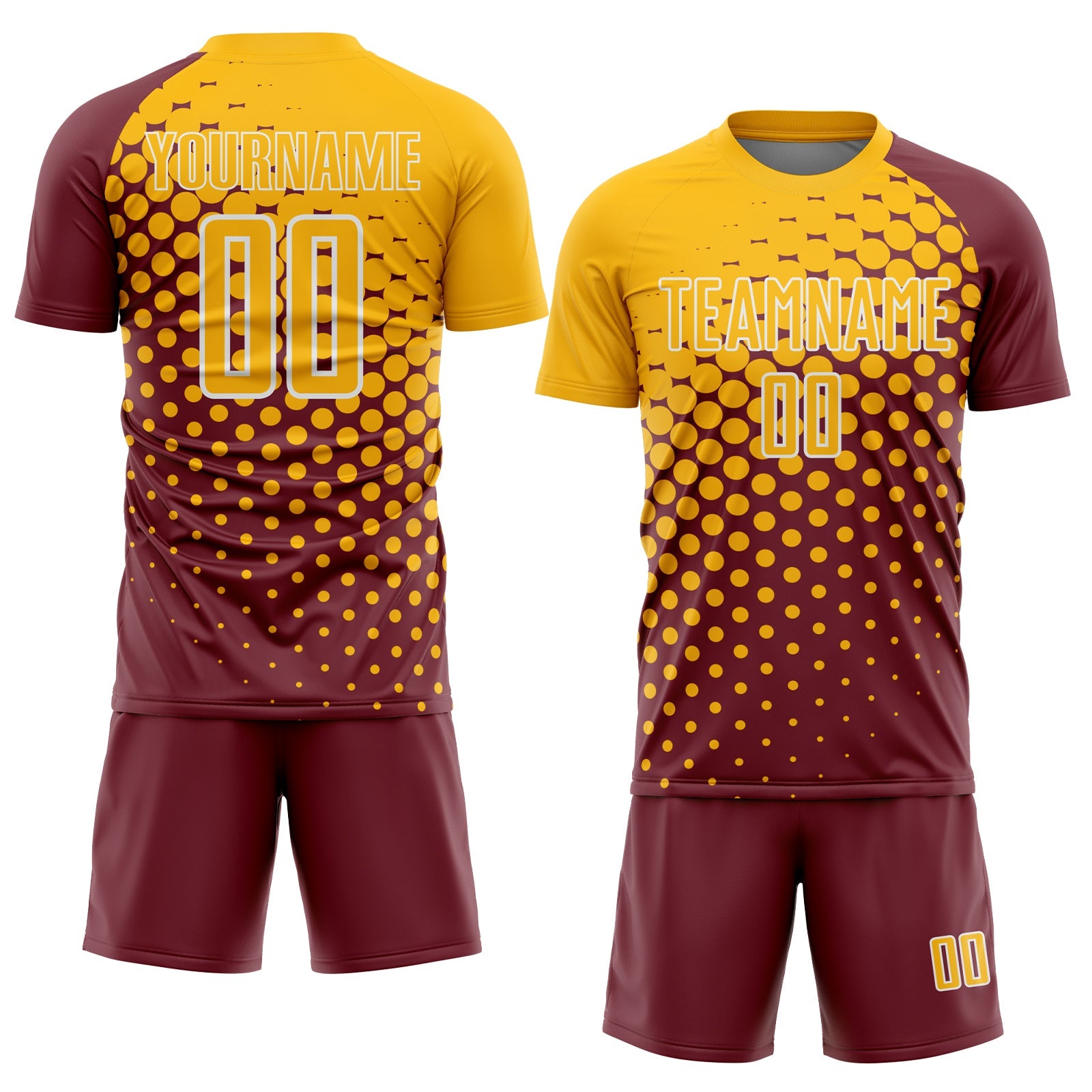 Custom Burgundy Gold-White Modern Polka Dot Sublimation Soccer Uniform Jersey view 2