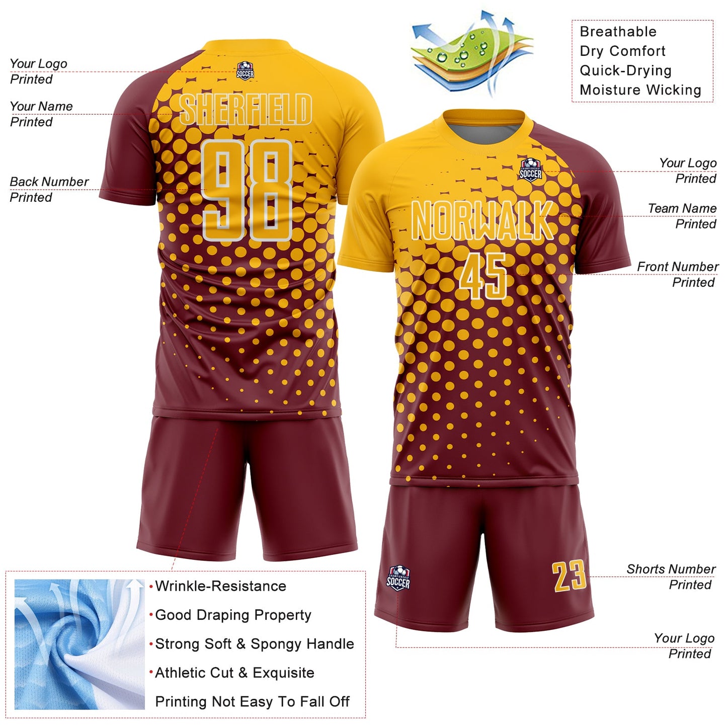 Custom Burgundy Gold-White Modern Polka Dot Sublimation Soccer Uniform Jersey view 4