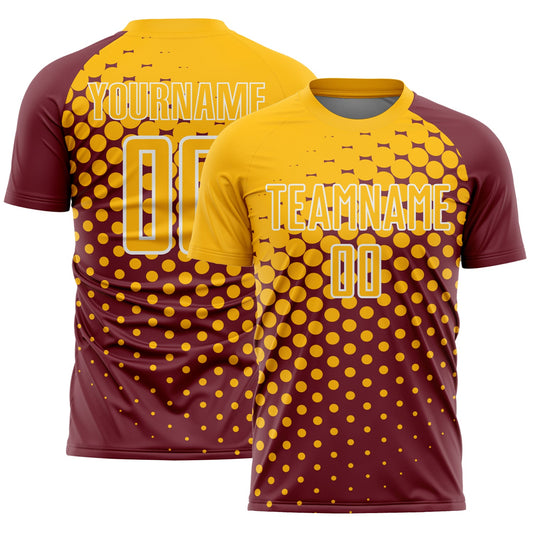Custom Burgundy Gold-White Modern Polka Dot Sublimation Soccer Uniform Jersey - Main View