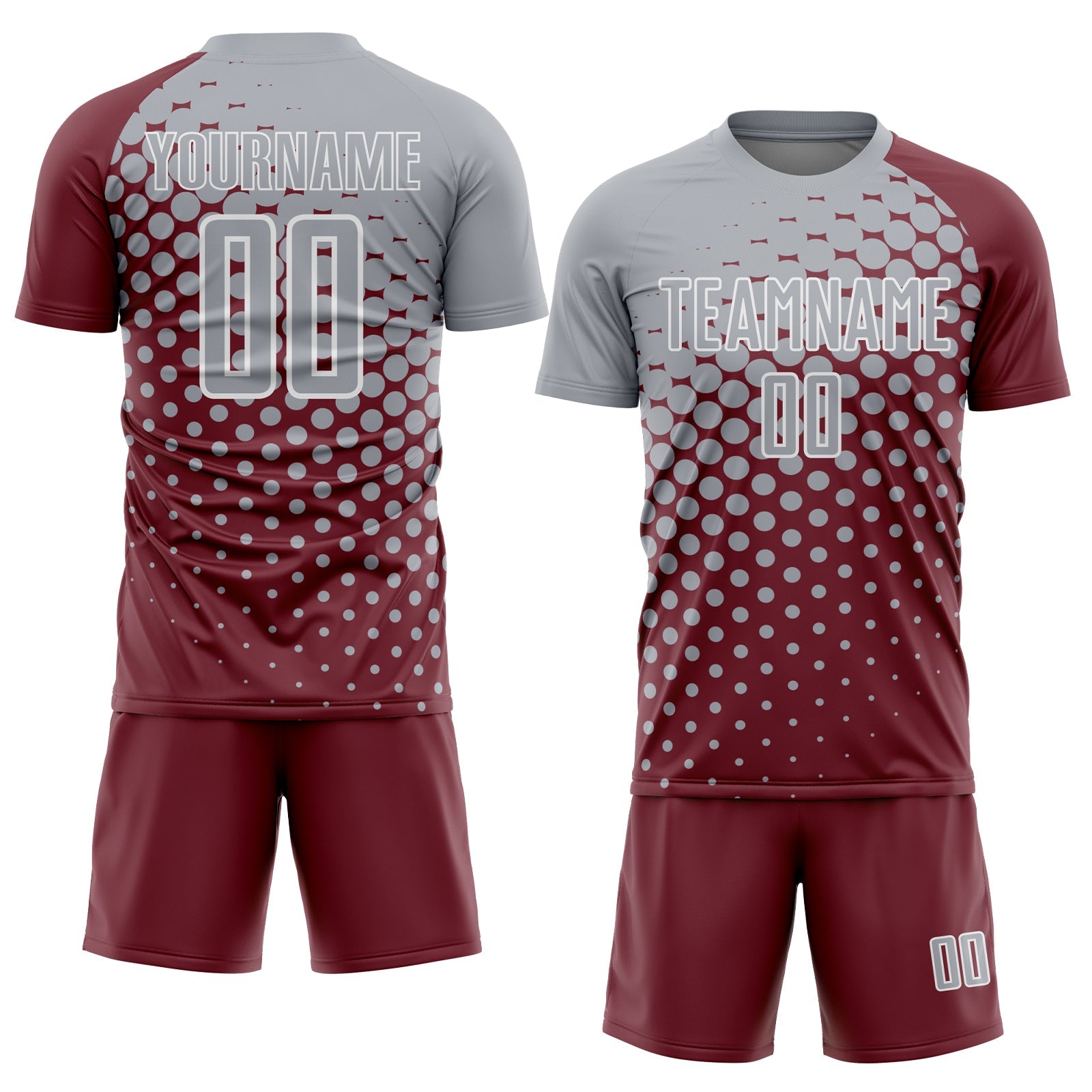 Custom Burgundy Gray-White Modern Polka Dot Sublimation Soccer Uniform Jersey view 2