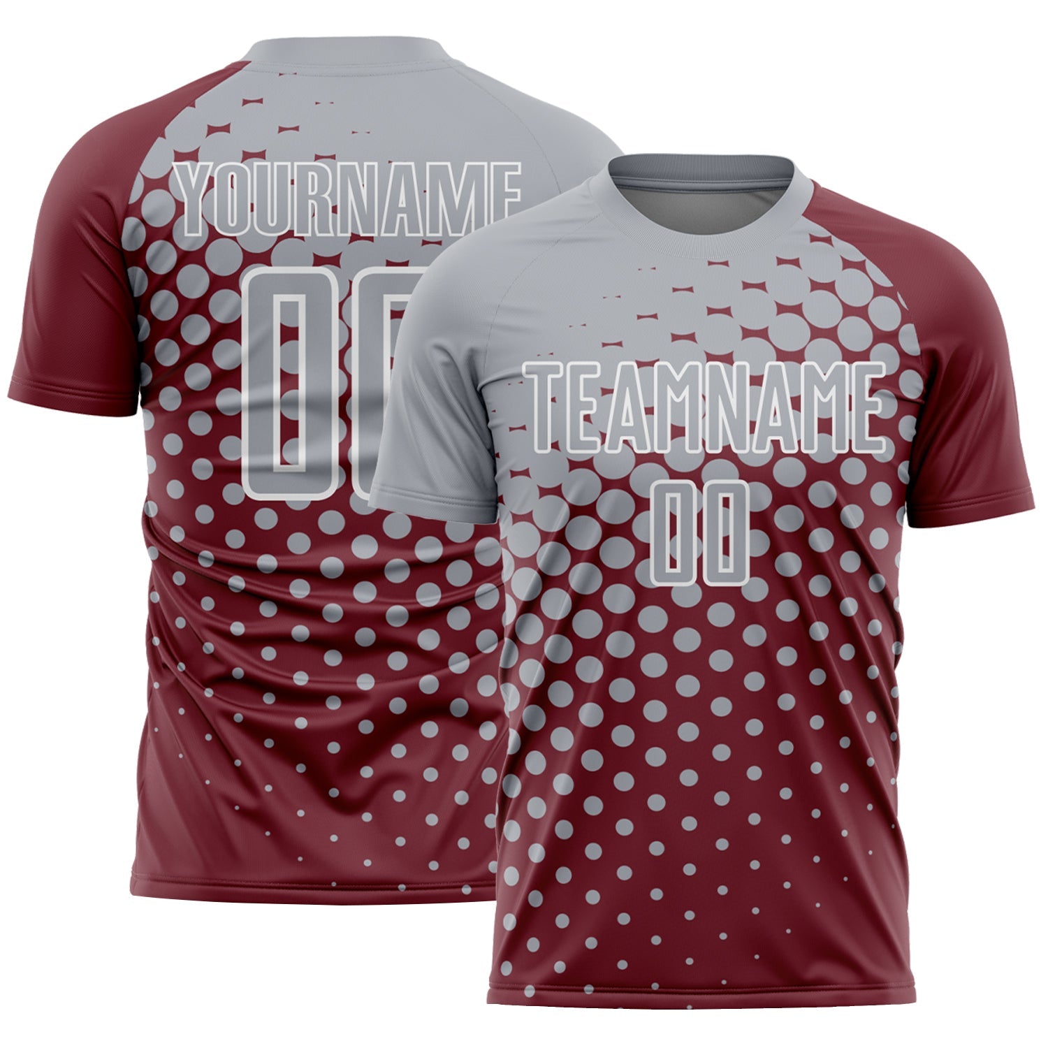 Custom Burgundy Gray-White Modern Polka Dot Sublimation Soccer Uniform Jersey - Main View
