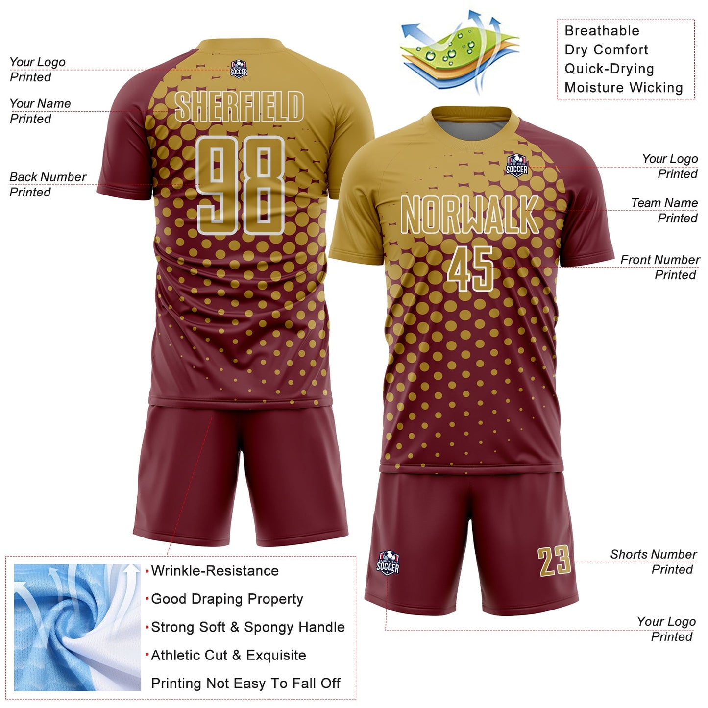 Custom Burgundy Old Gold-White Modern Polka Dot Sublimation Soccer Uniform Jersey view 4
