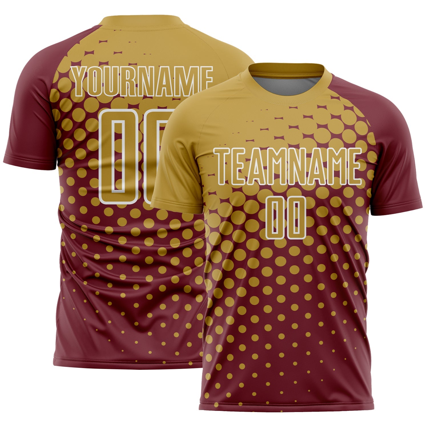 Custom Burgundy Old Gold-White Modern Polka Dot Sublimation Soccer Uniform Jersey - Main View