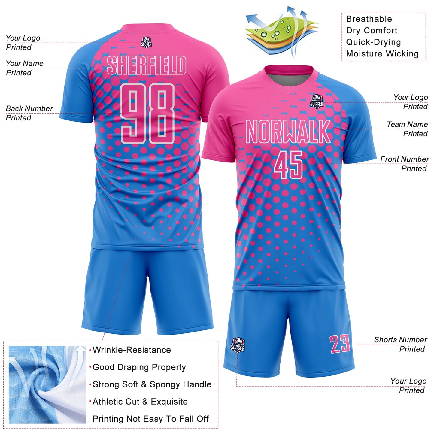 Custom Powder Blue Pink-White Modern Polka Dot Sublimation Soccer Uniform Jersey view 4