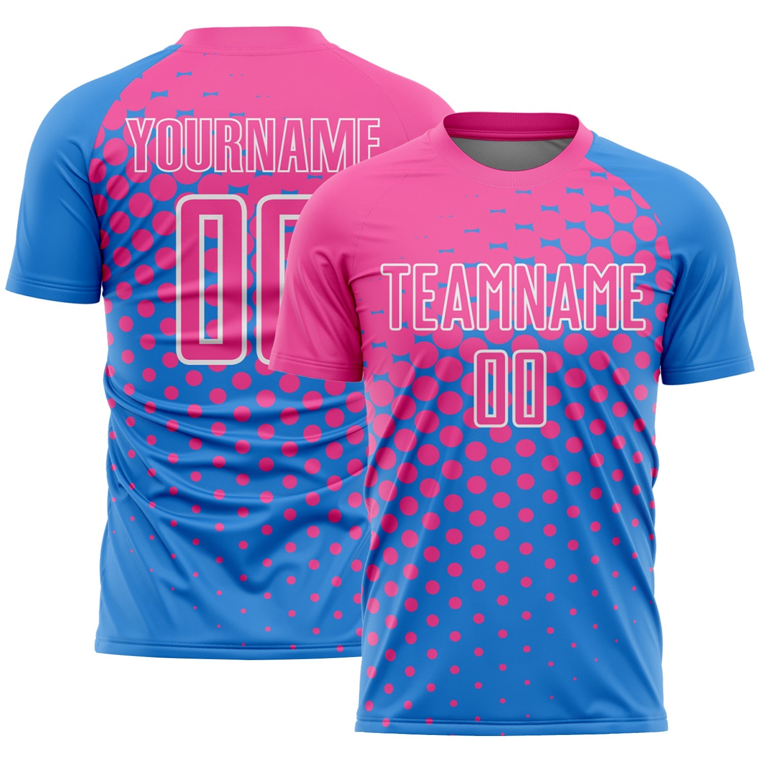 Custom Powder Blue Pink-White Modern Polka Dot Sublimation Soccer Uniform Jersey - Main View