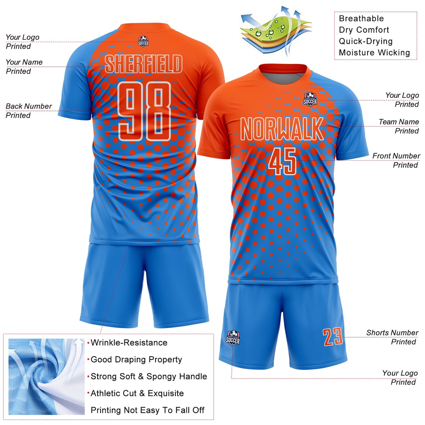 Custom Powder Blue Orange-White Modern Polka Dot Sublimation Soccer Uniform Jersey view 4
