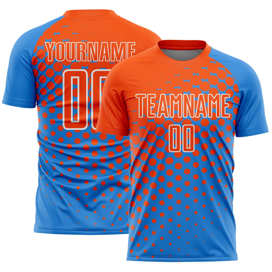 Custom Powder Blue Orange-White Modern Polka Dot Sublimation Soccer Uniform Jersey - Main View