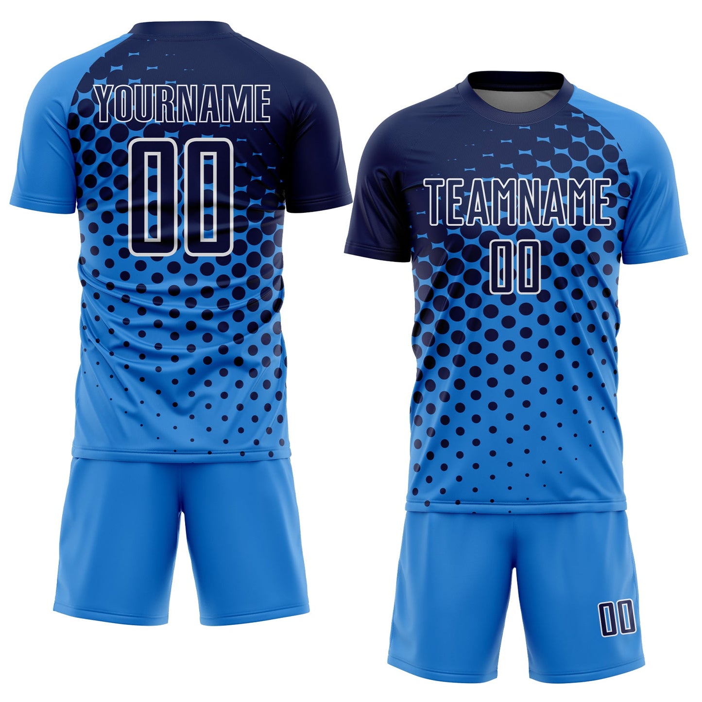 Custom Powder Blue Navy-White Modern Polka Dot Sublimation Soccer Uniform Jersey view 2