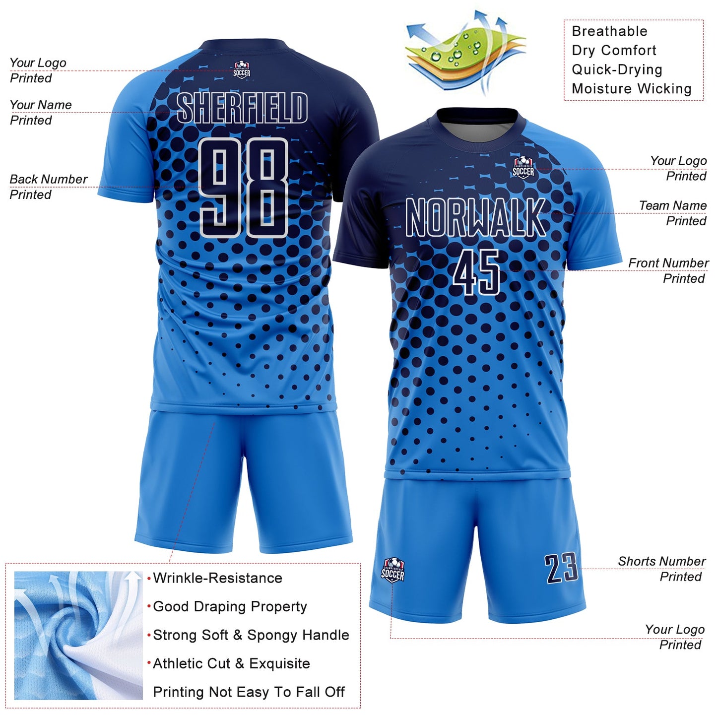 Custom Powder Blue Navy-White Modern Polka Dot Sublimation Soccer Uniform Jersey view 4