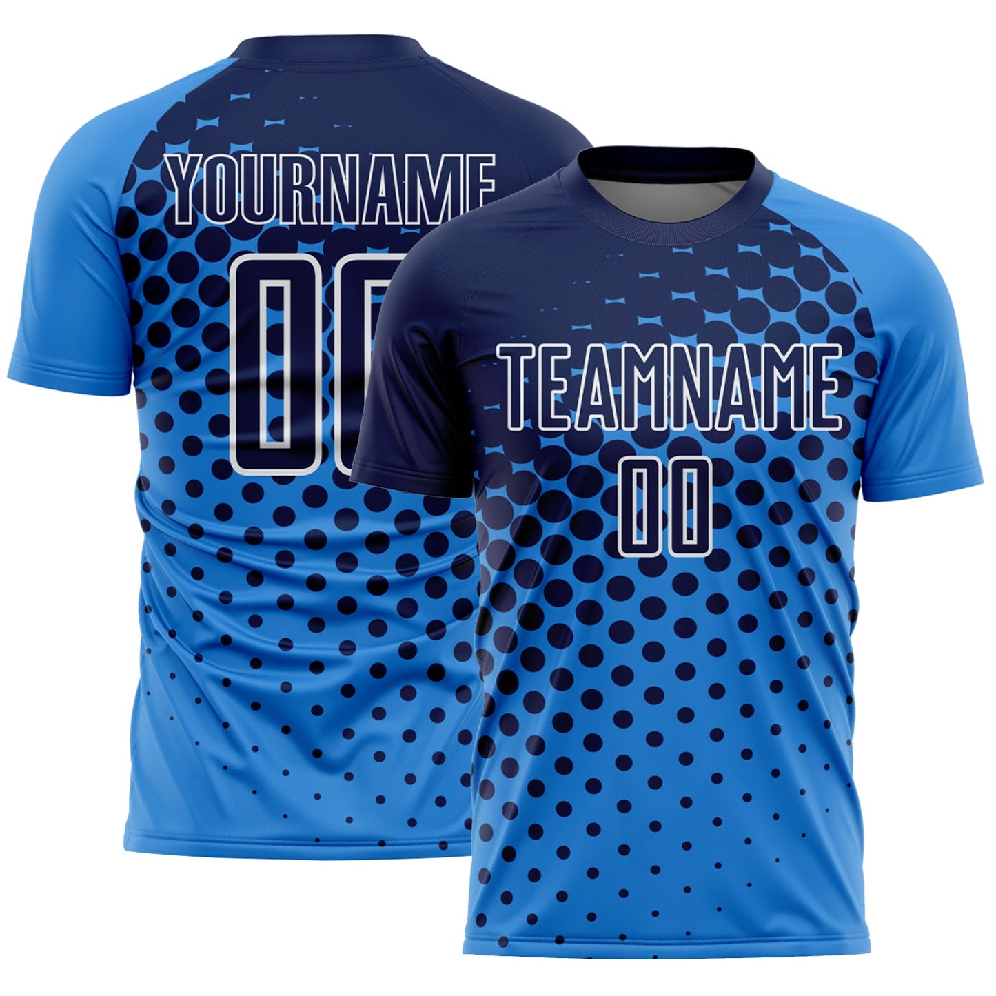Custom Powder Blue Navy-White Modern Polka Dot Sublimation Soccer Uniform Jersey - Main View