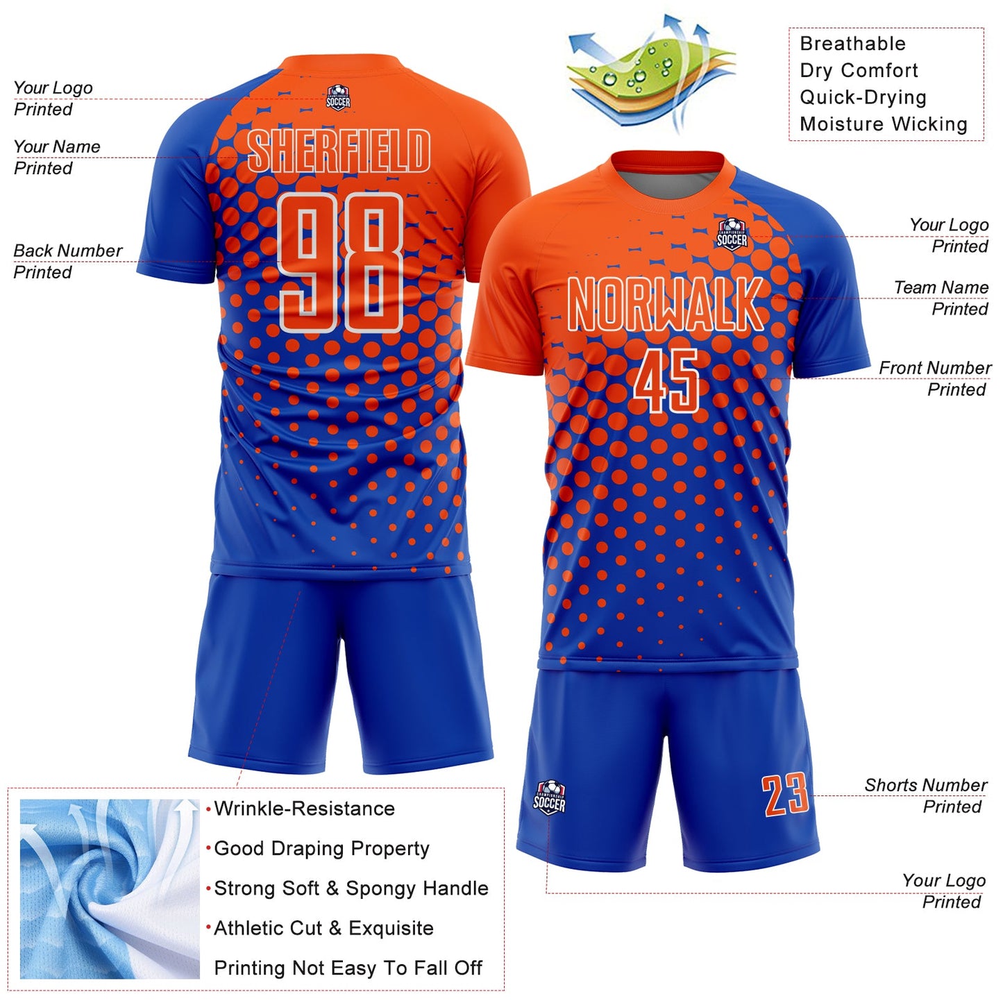Custom Thunder Blue Orange-White Modern Polka Dot Sublimation Soccer Uniform Jersey view 4