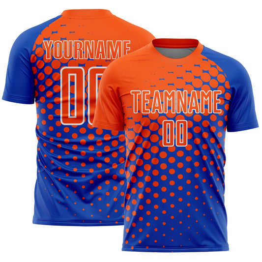 Custom Thunder Blue Orange-White Modern Polka Dot Sublimation Soccer Uniform Jersey - Main View