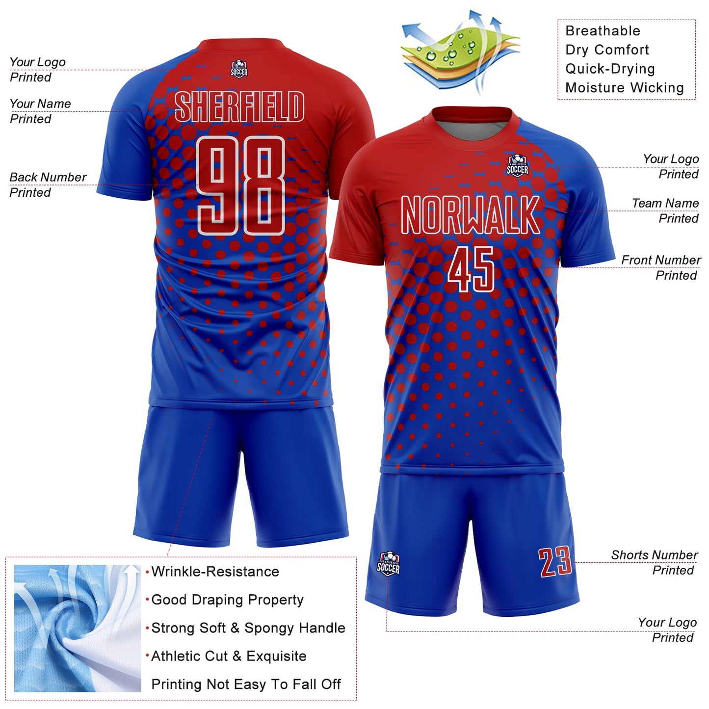 Custom Thunder Blue Red-White Modern Polka Dot Sublimation Soccer Uniform Jersey view 4