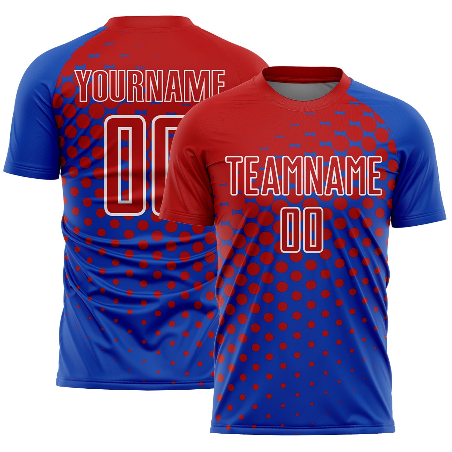 Custom Thunder Blue Red-White Modern Polka Dot Sublimation Soccer Uniform Jersey - Main View