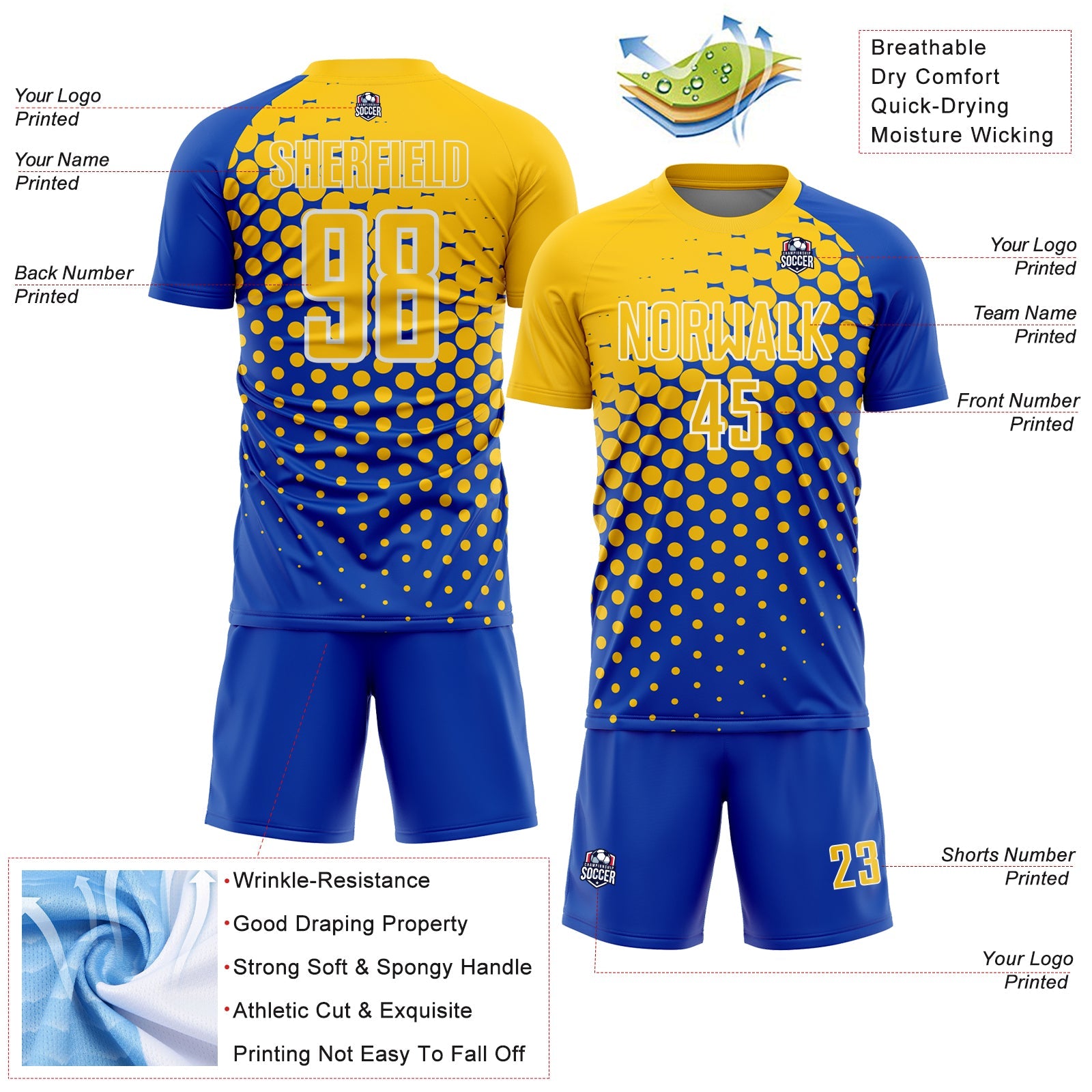 Custom Thunder Blue Yellow-White Modern Polka Dot Sublimation Soccer Uniform Jersey view 4