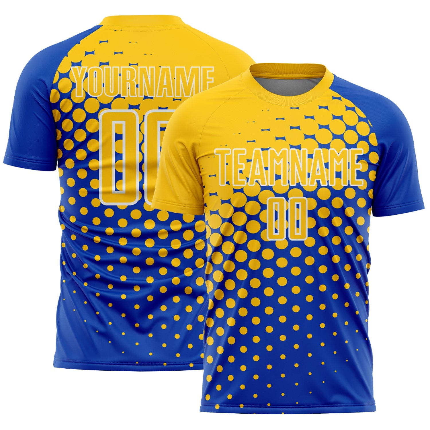 Custom Thunder Blue Yellow-White Modern Polka Dot Sublimation Soccer Uniform Jersey - Main View