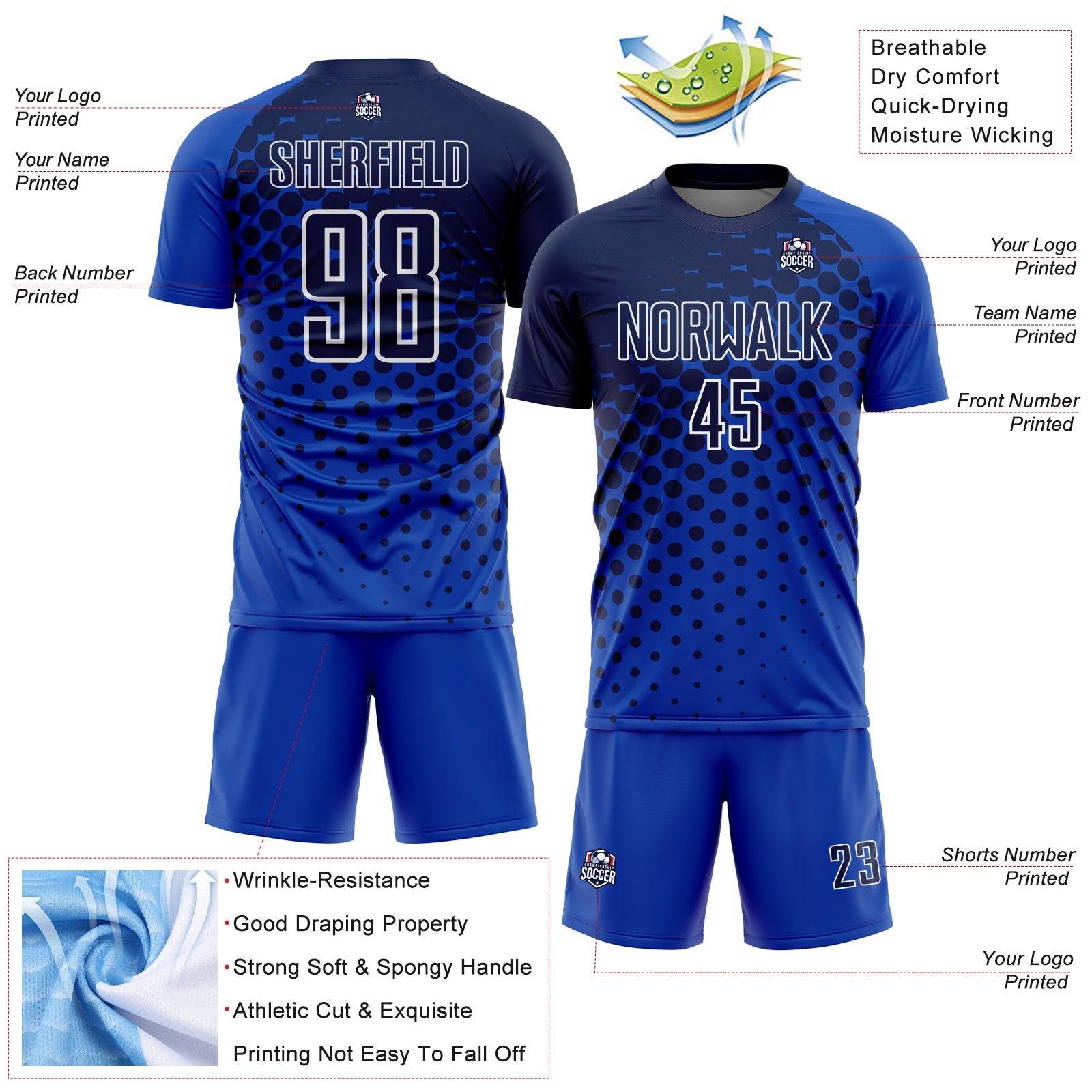 Custom Thunder Blue Navy-White Modern Polka Dot Sublimation Soccer Uniform Jersey view 4