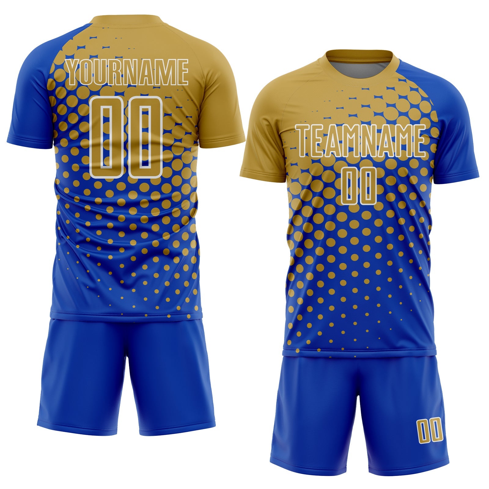 Custom Thunder Blue Old Gold-White Modern Polka Dot Sublimation Soccer Uniform Jersey view 2