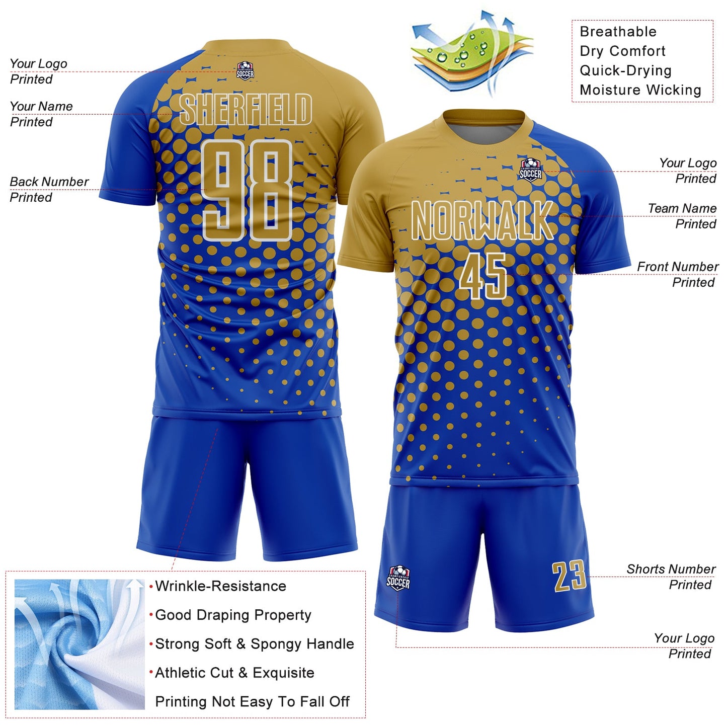 Custom Thunder Blue Old Gold-White Modern Polka Dot Sublimation Soccer Uniform Jersey view 4