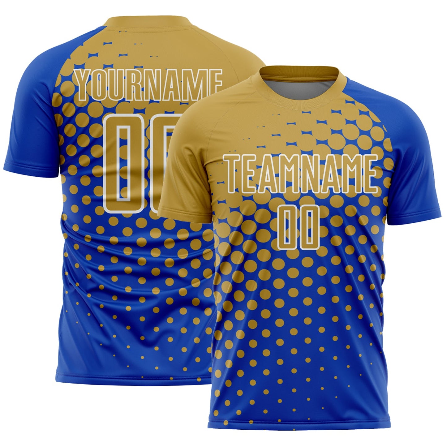 Custom Thunder Blue Old Gold-White Modern Polka Dot Sublimation Soccer Uniform Jersey - Main View