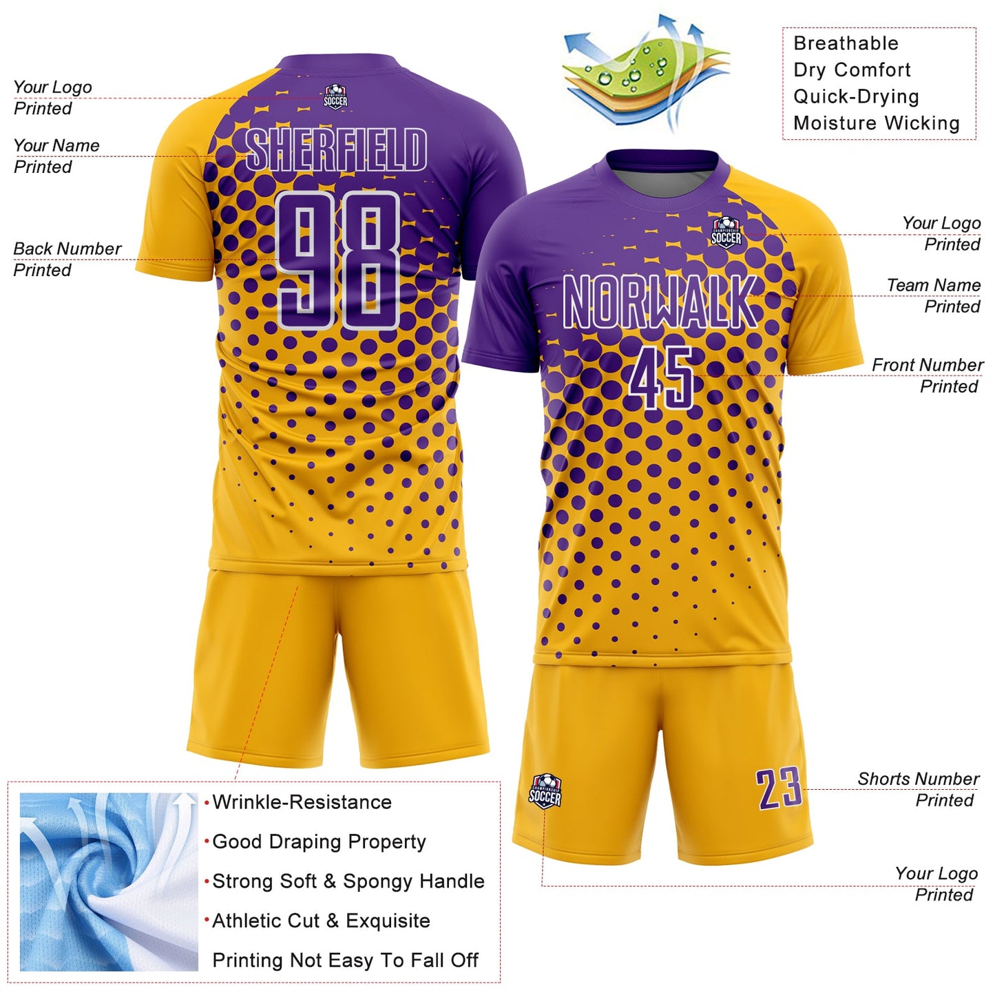 Custom Gold Purple-White Modern Polka Dot Sublimation Soccer Uniform Jersey view 4
