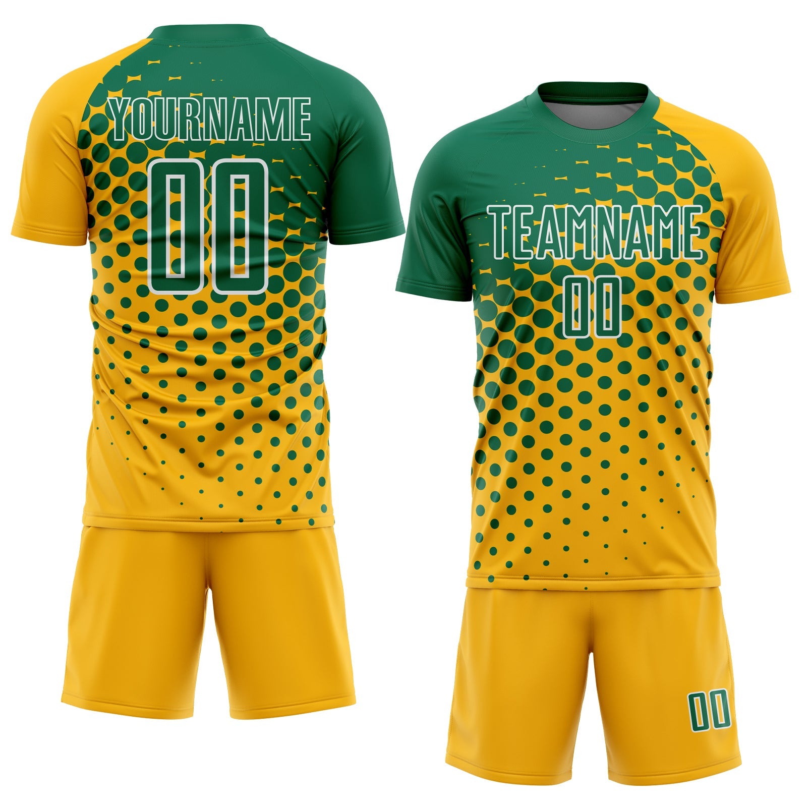 Custom Gold Kelly Green-White Modern Polka Dot Sublimation Soccer Uniform Jersey view 2