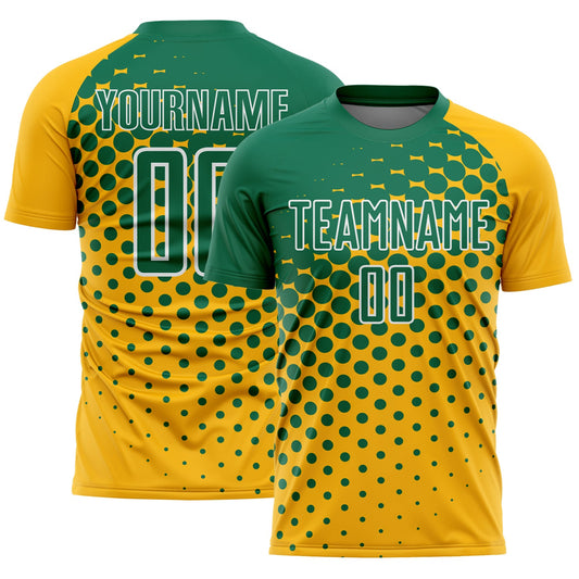Custom Gold Kelly Green-White Modern Polka Dot Sublimation Soccer Uniform Jersey - Main View