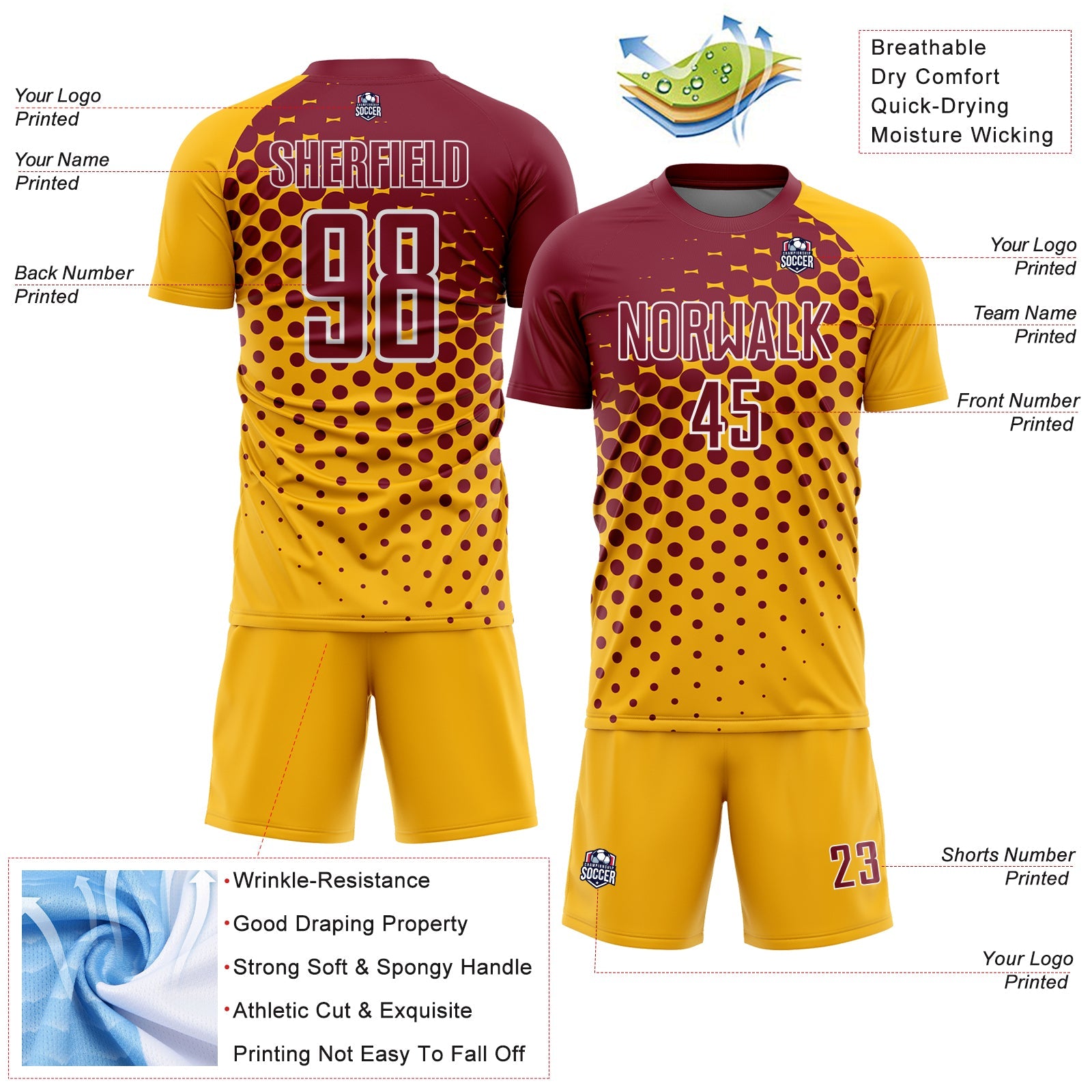 Custom Gold Crimson-White Modern Polka Dot Sublimation Soccer Uniform Jersey view 4