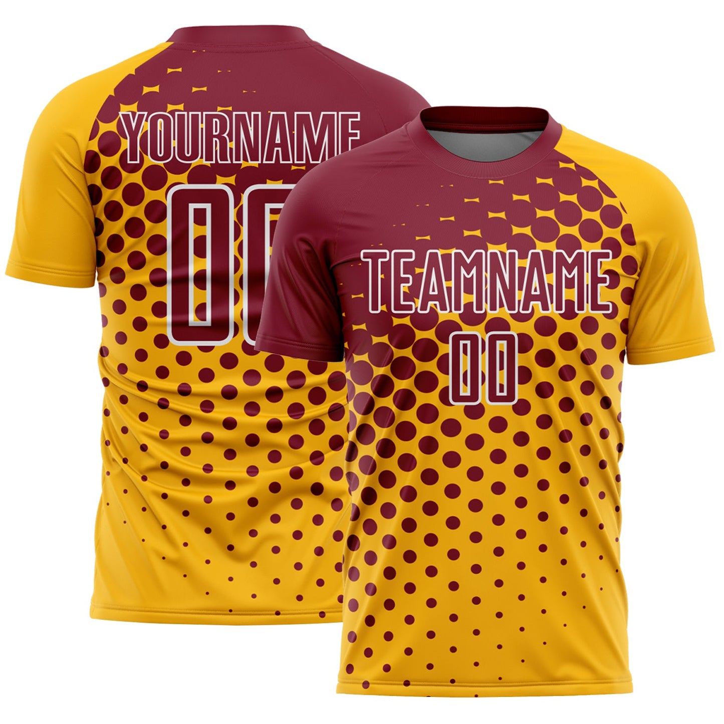Custom Gold Crimson-White Modern Polka Dot Sublimation Soccer Uniform Jersey - Main View