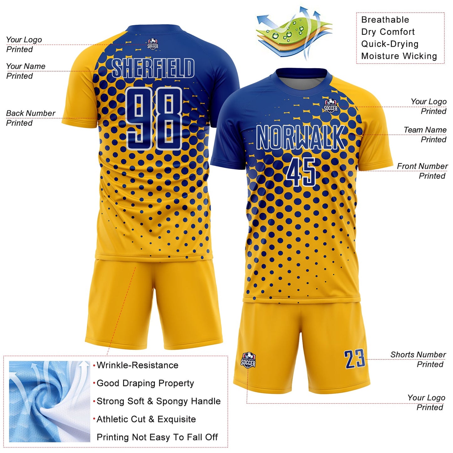 Custom Gold Royal-White Modern Polka Dot Sublimation Soccer Uniform Jersey view 4