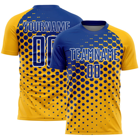 Custom Gold Royal-White Modern Polka Dot Sublimation Soccer Uniform Jersey - Main View