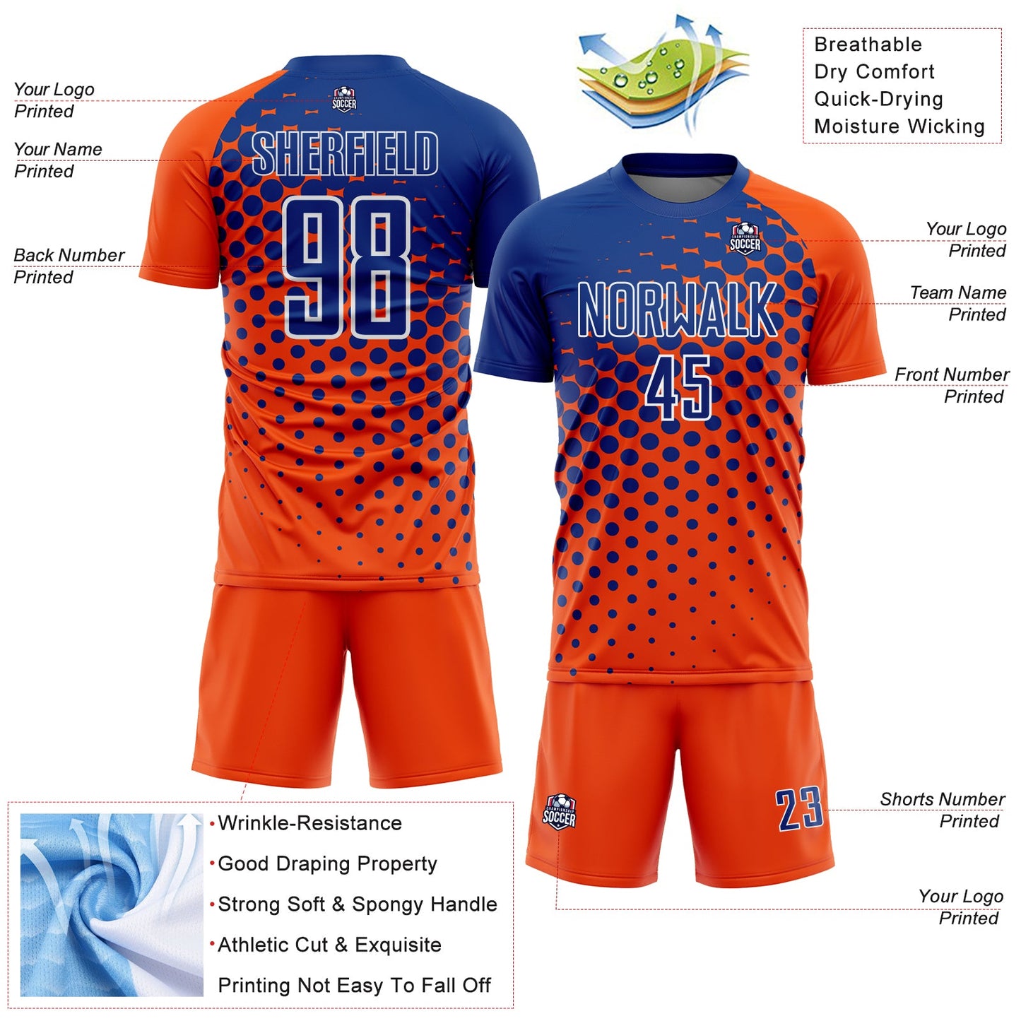 Custom Orange Royal-White Modern Polka Dot Sublimation Soccer Uniform Jersey view 4