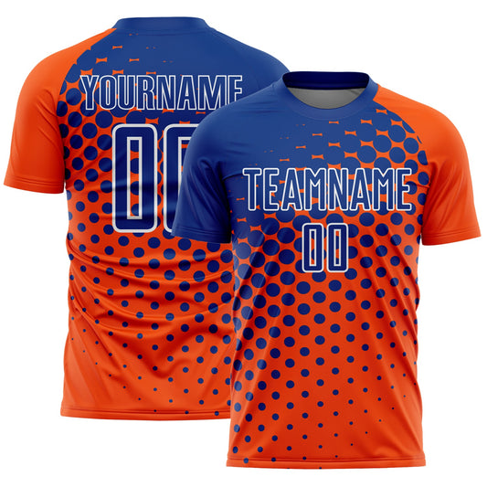 Custom Orange Royal-White Modern Polka Dot Sublimation Soccer Uniform Jersey - Main View