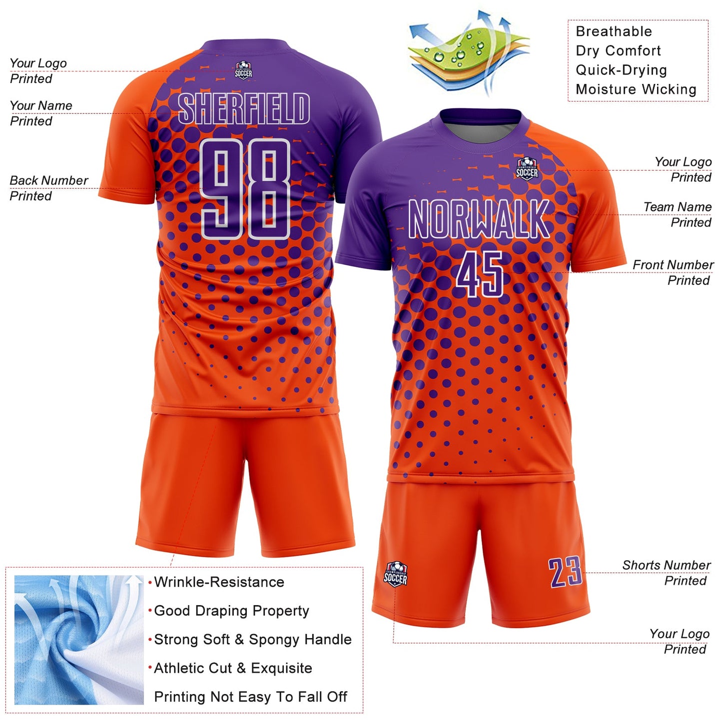 Custom Orange Purple-White Modern Polka Dot Sublimation Soccer Uniform Jersey view 4