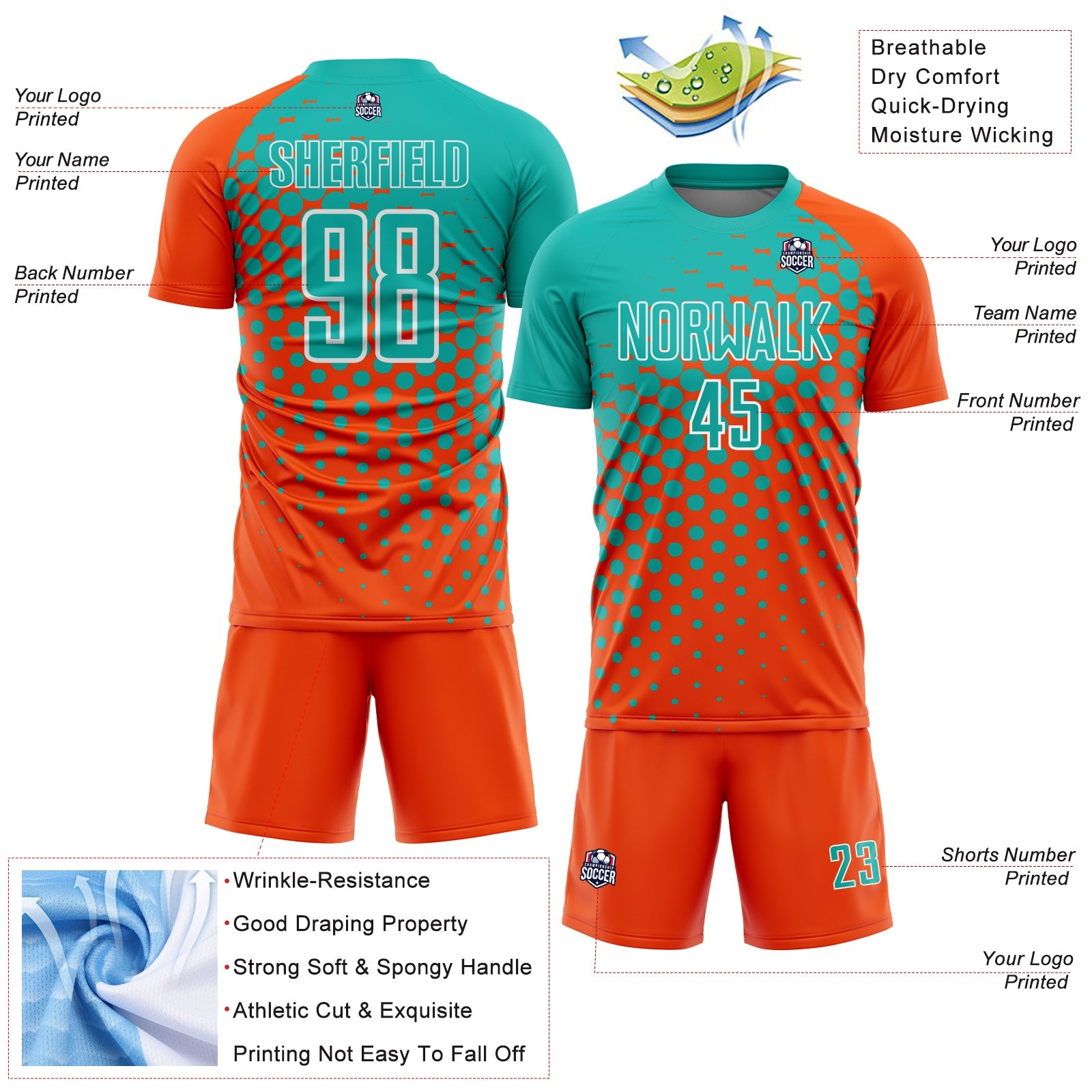 Custom Orange Aqua-White Modern Polka Dot Sublimation Soccer Uniform Jersey view 4