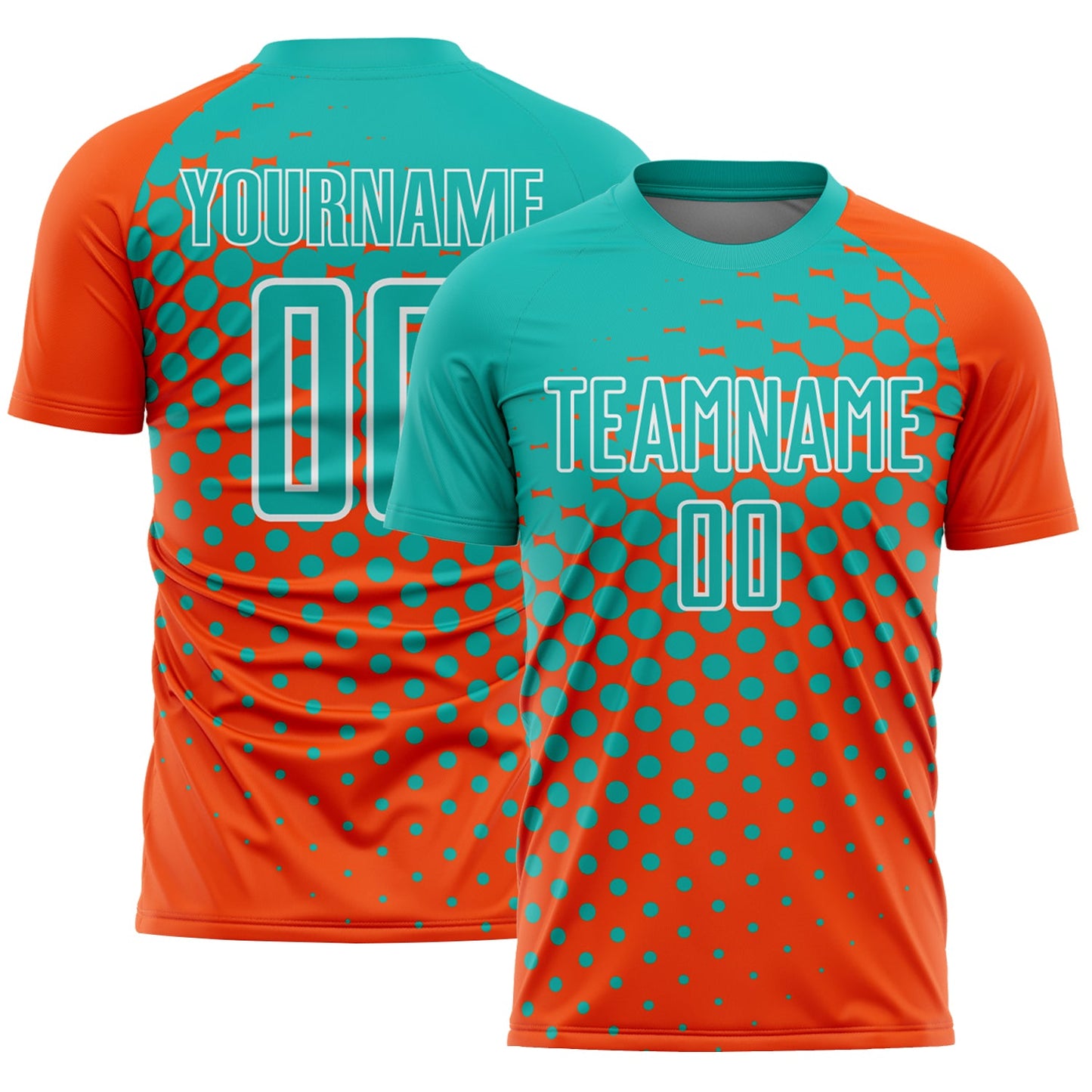 Custom Orange Aqua-White Modern Polka Dot Sublimation Soccer Uniform Jersey - Main View