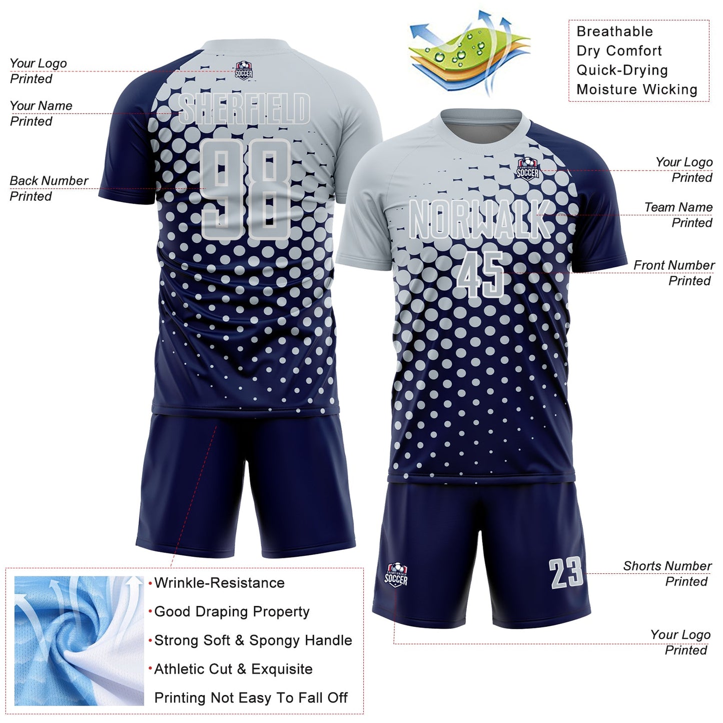 Custom Navy Silver-White Modern Polka Dot Sublimation Soccer Uniform Jersey view 4