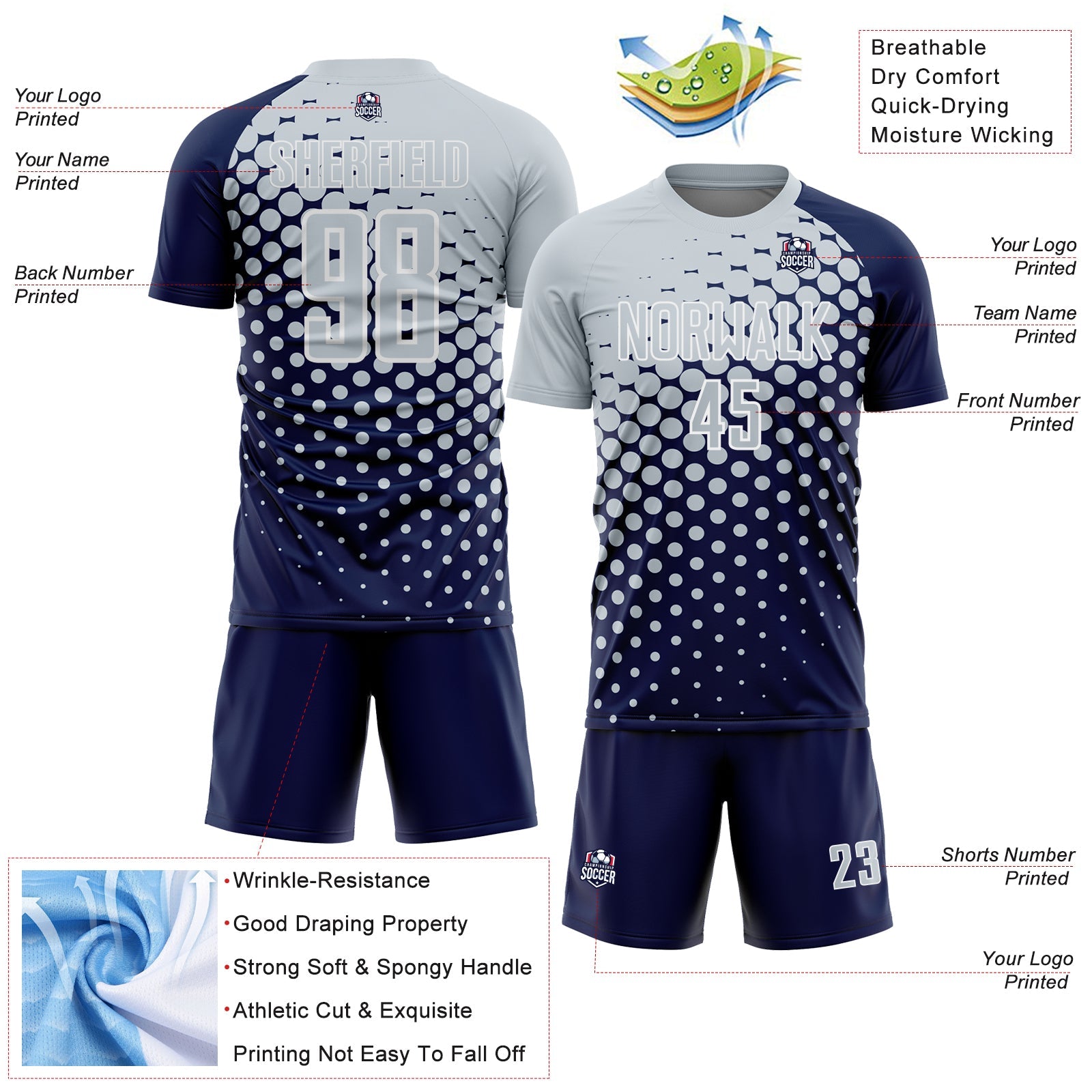 Custom Navy Silver-White Modern Polka Dot Sublimation Soccer Uniform Jersey view 4