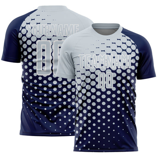 Custom Navy Silver-White Modern Polka Dot Sublimation Soccer Uniform Jersey - Main View