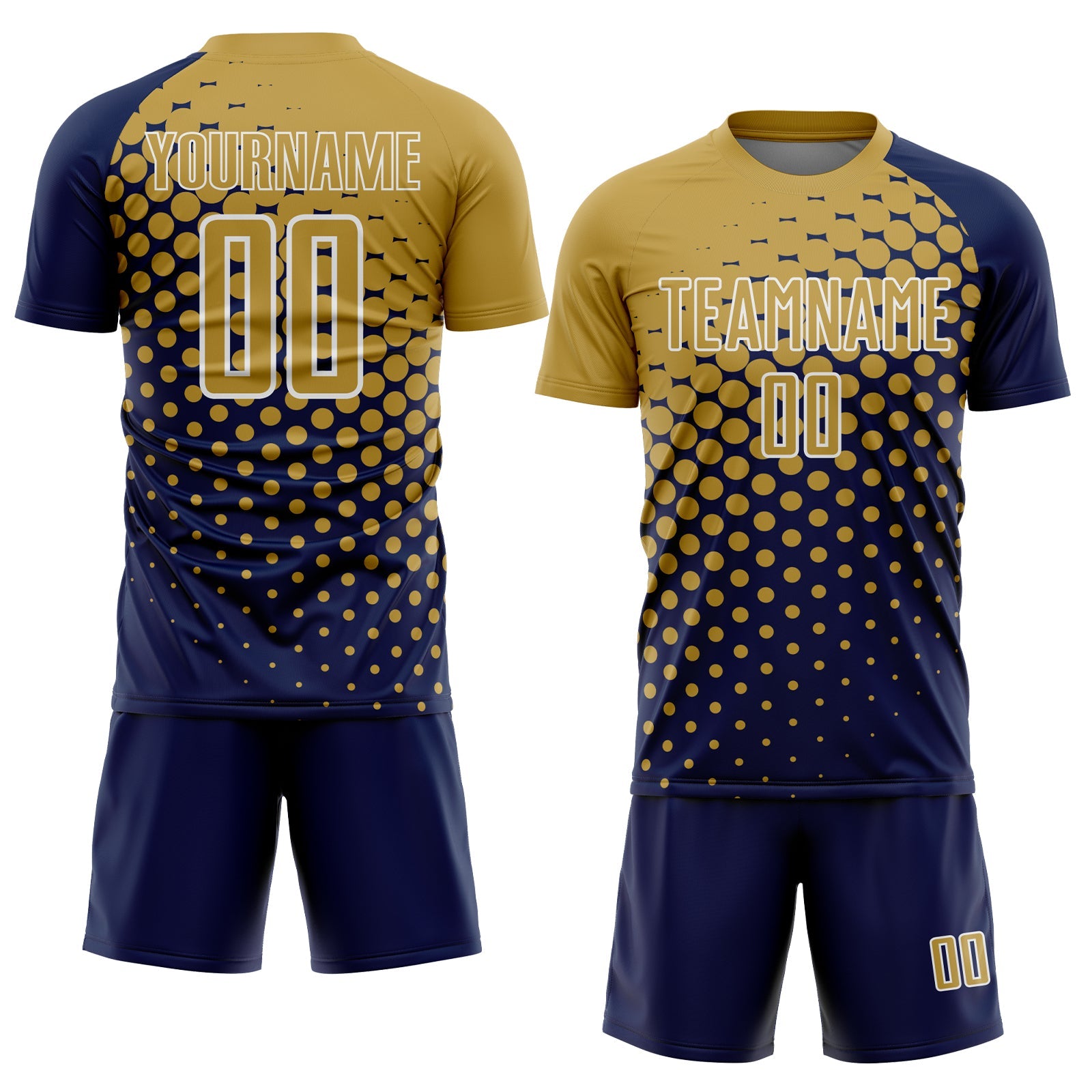 Custom Navy Old Gold-White Modern Polka Dot Sublimation Soccer Uniform Jersey view 2