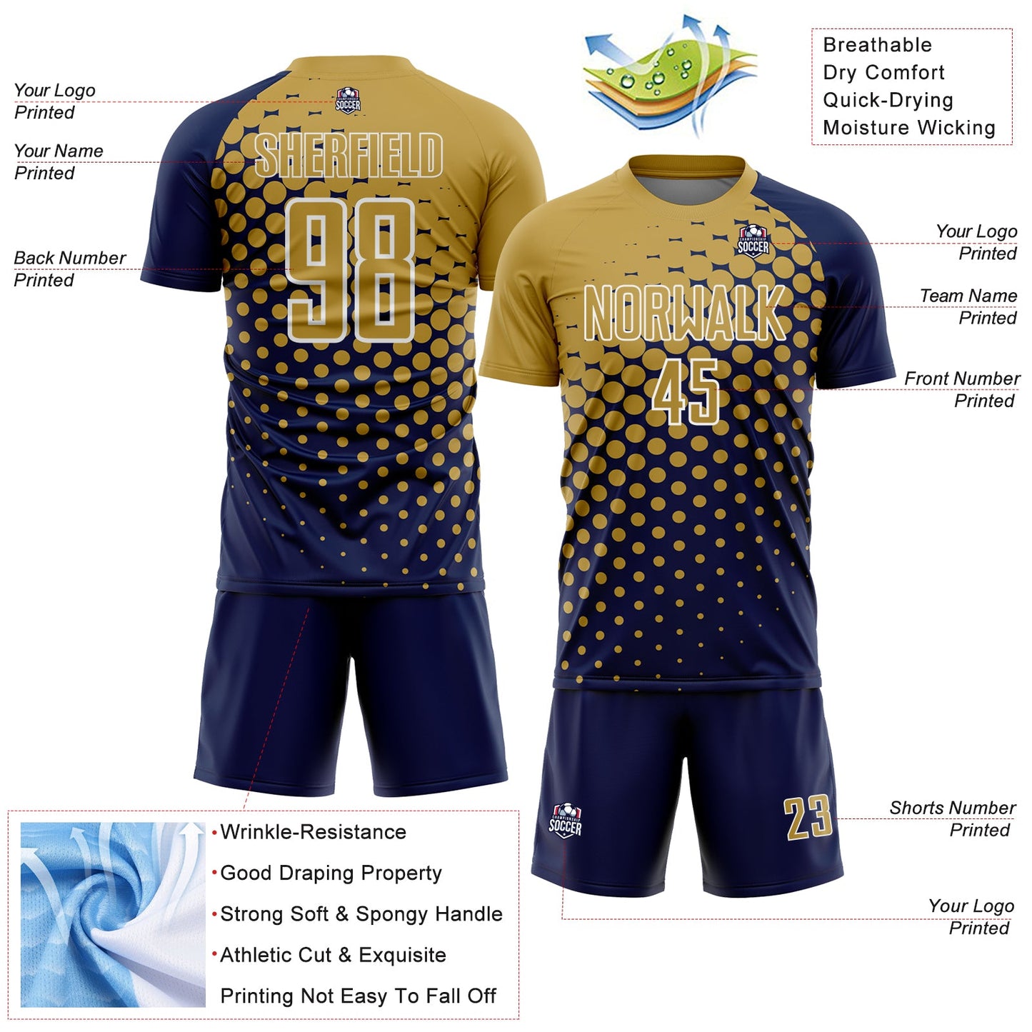 Custom Navy Old Gold-White Modern Polka Dot Sublimation Soccer Uniform Jersey view 4