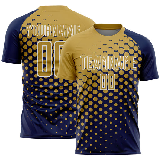 Custom Navy Old Gold-White Modern Polka Dot Sublimation Soccer Uniform Jersey - Main View