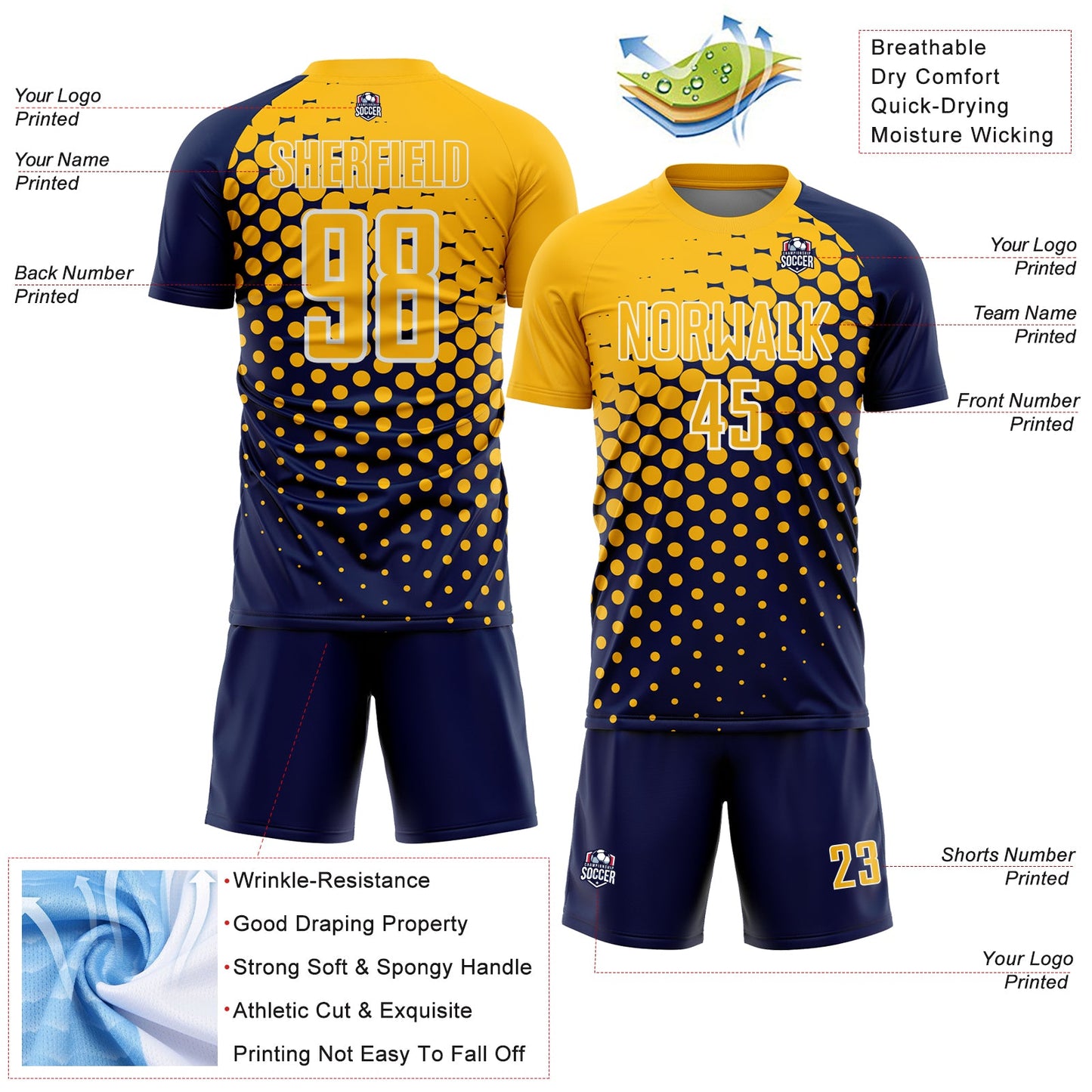 Custom Navy Gold-White Modern Polka Dot Sublimation Soccer Uniform Jersey view 4