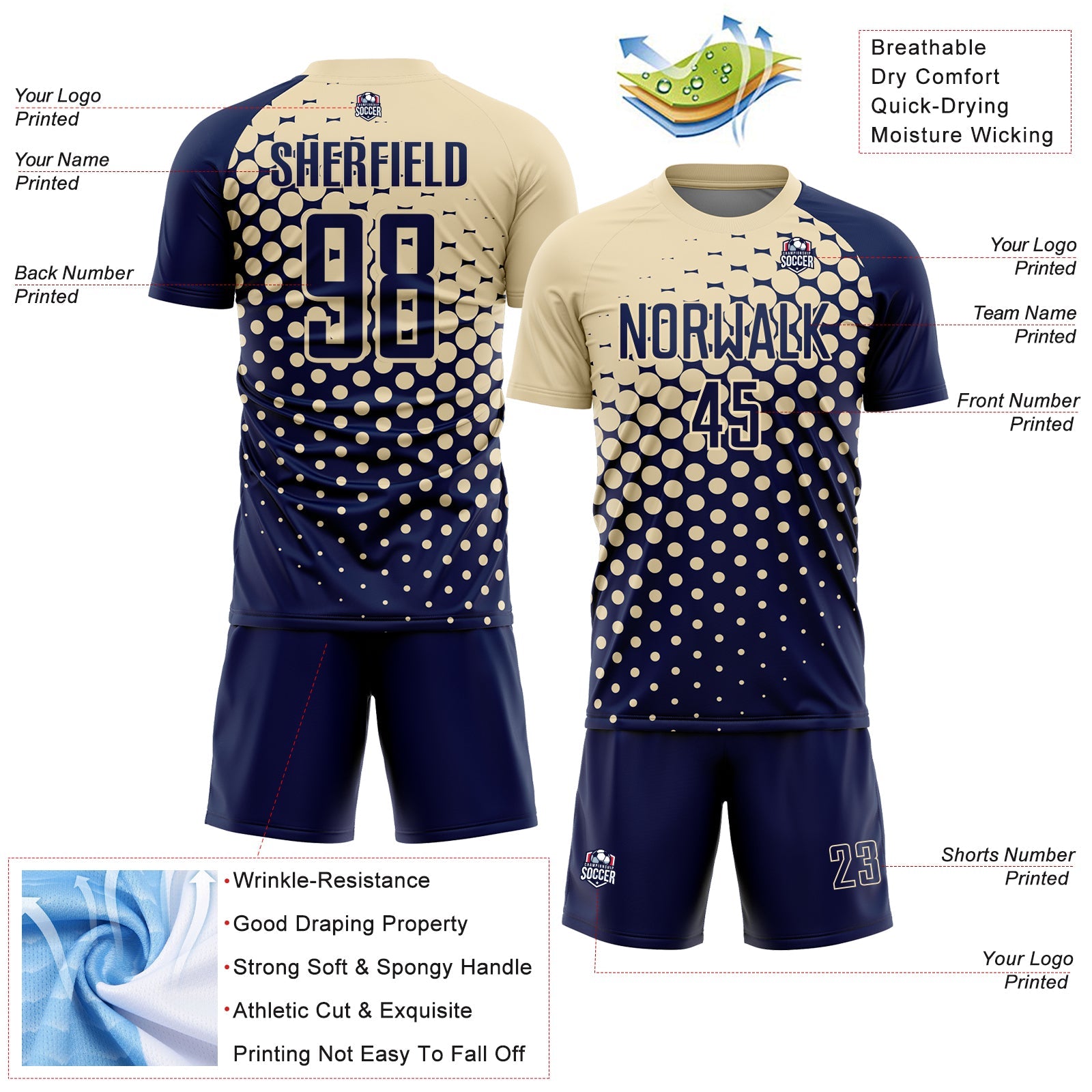 Custom Navy Cream Modern Polka Dot Sublimation Soccer Uniform Jersey view 4