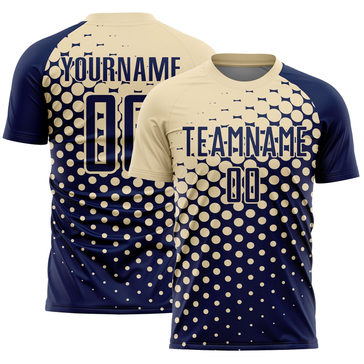 Custom Navy Cream Modern Polka Dot Sublimation Soccer Uniform Jersey - Main View