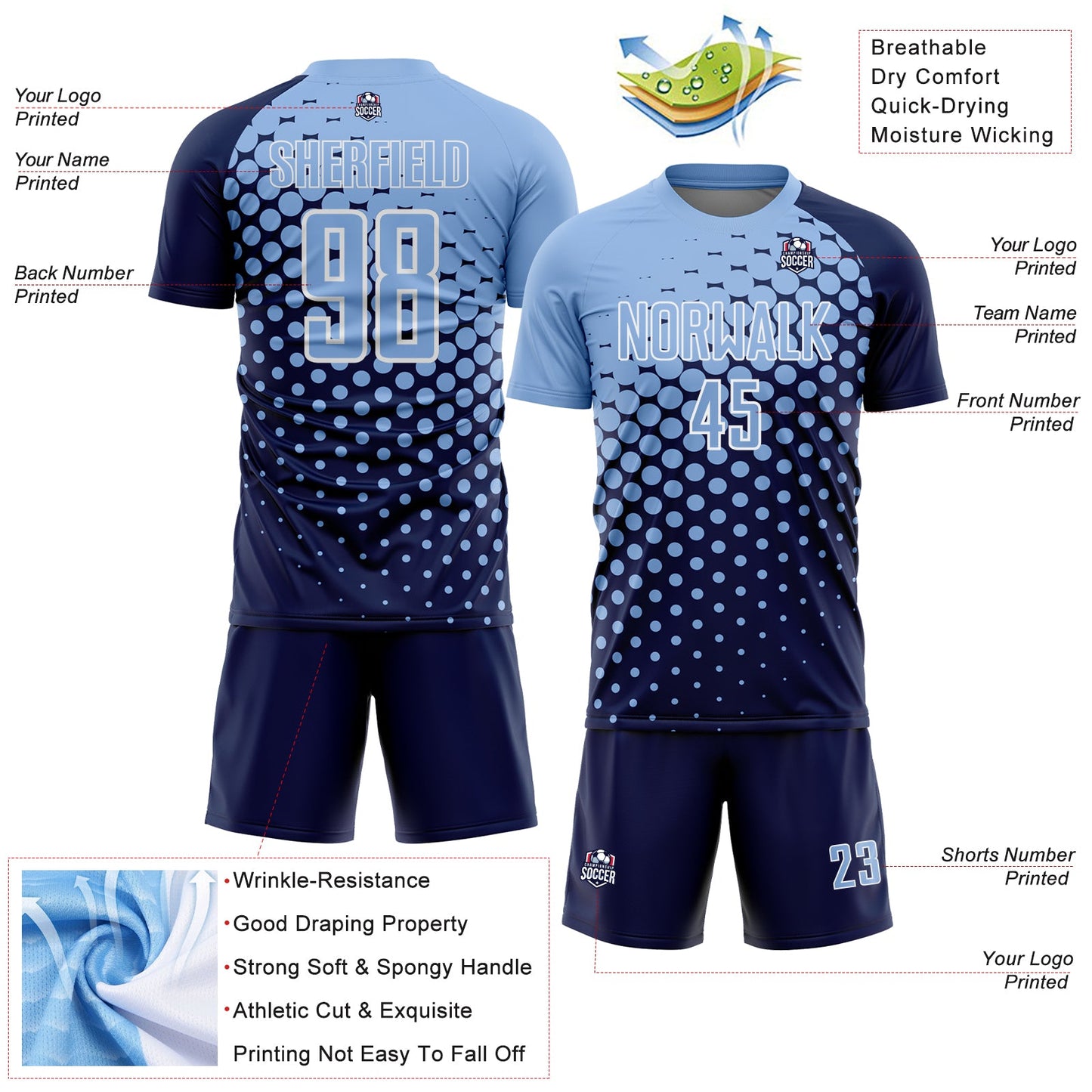 Custom Navy Light Blue-White Modern Polka Dot Sublimation Soccer Uniform Jersey view 4